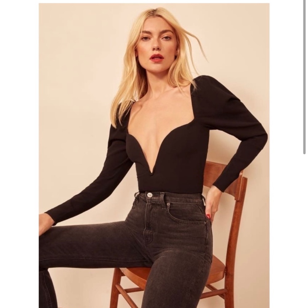 Reformation Roma black blouse low-cut v-neck only worn once. Size 0. Sold out.